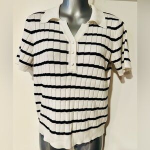 Adrianna Papell White and Black Striped Polo Shirt size S